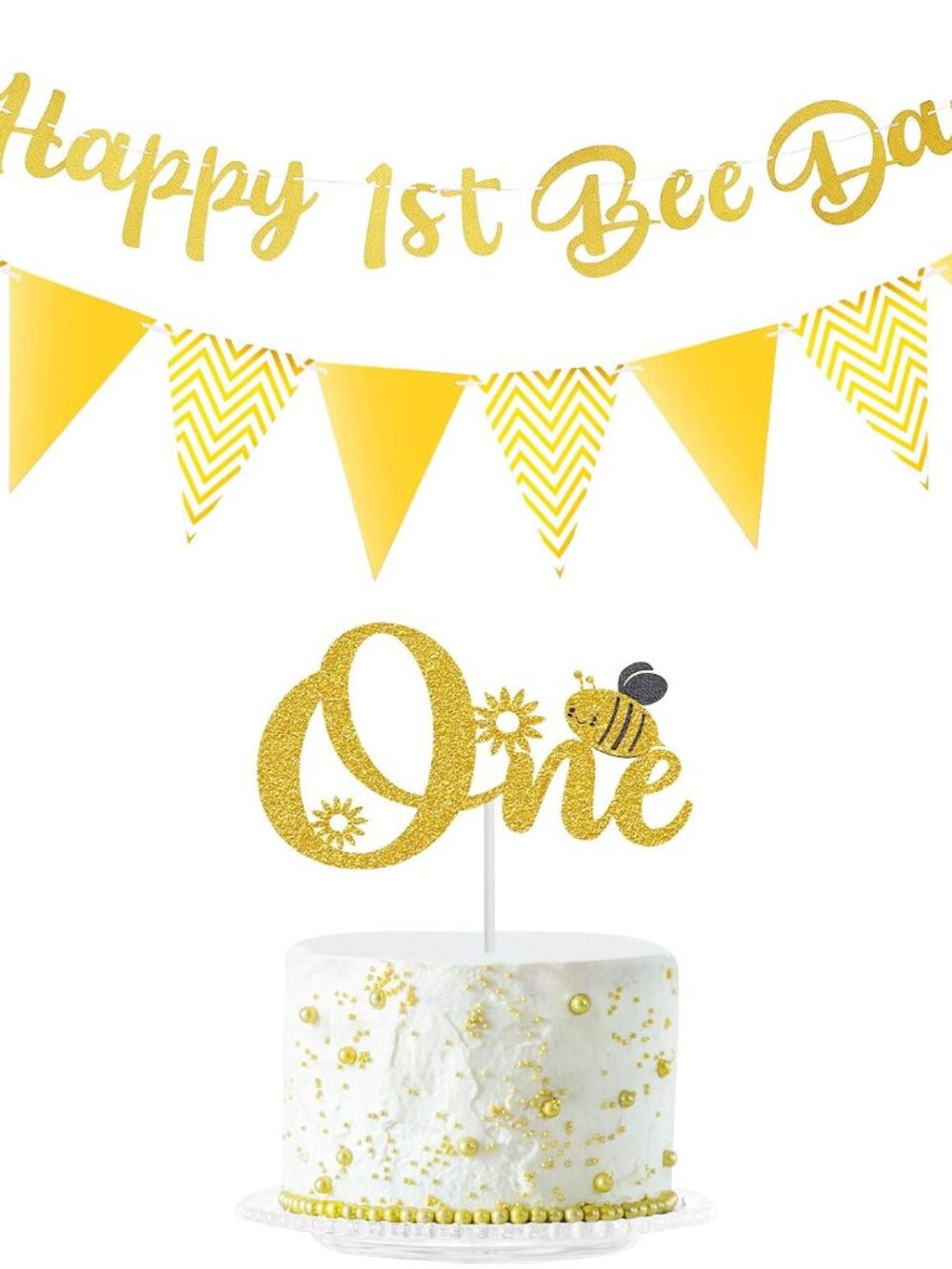 Happy 1st Bee Day Party Decorations Gold Glitter First Bee Day Banner